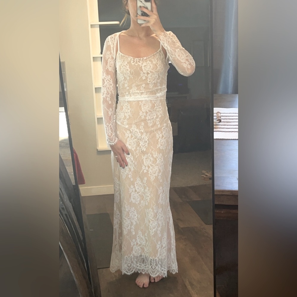 Long white cream lace dress with shawl. Can be worn with or without shawl